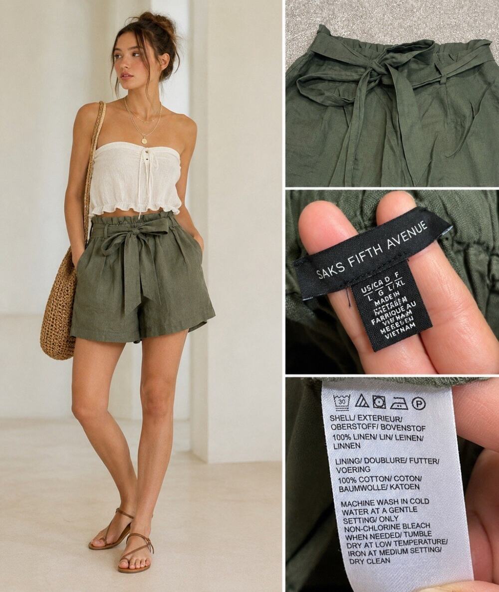 Coastal Saks Fifth Avenue Women's Paperbag Waist Shorts Size L Olive Linen